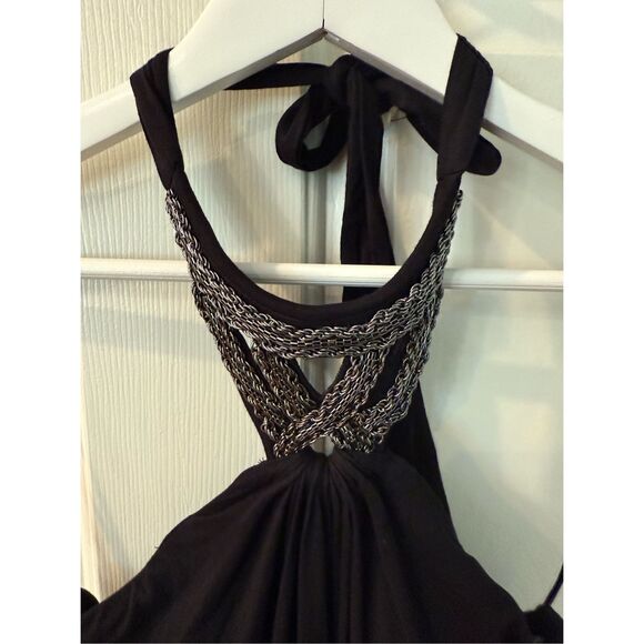 Cache Black Jersey Chain Adorned Halter Tie Maxi Dress sz XS - Picture 2 of 6